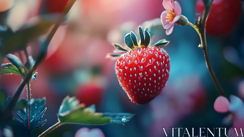 Ripe strawberry glows under soft bokeh garden light.
