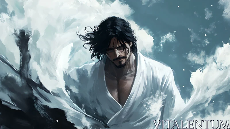 Digital painting of stoic swordsman in swirling cloudscape.