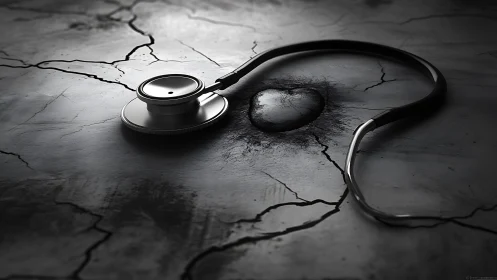 Stethoscope encircles a dark heart on a cracked surface
