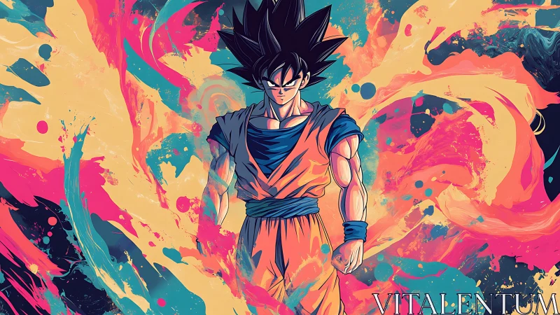 Bold anime hero surrounded by vibrant swirling colors.