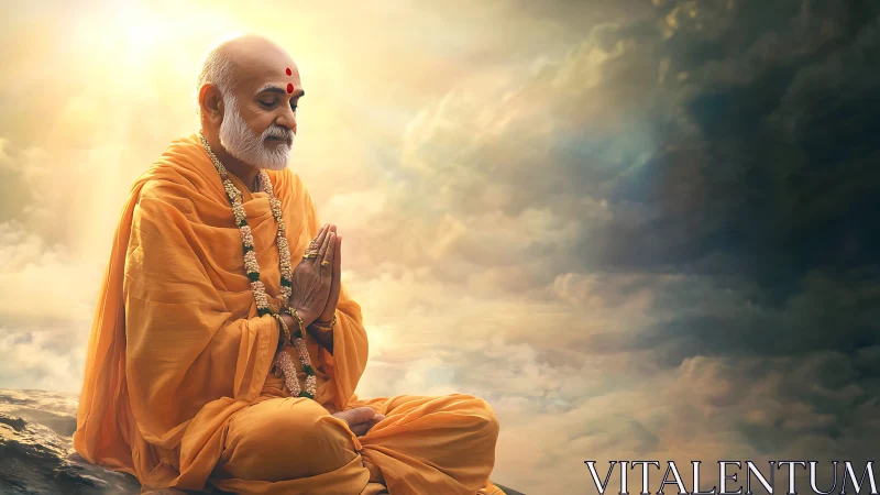 Serene monk prays in golden light above tranquil clouds
