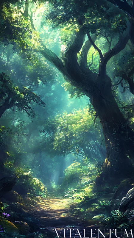 Sunlit Forest Path Through Ancient Trees.
