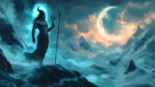 Blue-skinned deity with trident in misty lunar mountains.