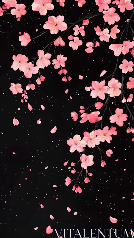 Pink flowers distributed across black background with organic branch structures