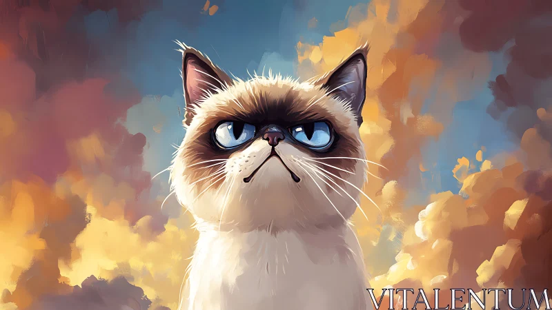 Grumpy Feline Portrait Against Golden Clouds and Sky.