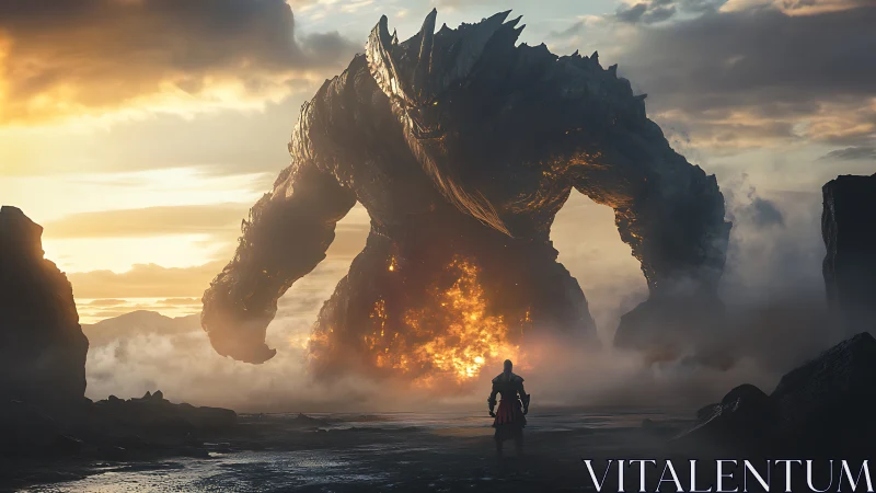 Molten colossus confronts lone warrior at emberlit dawn.