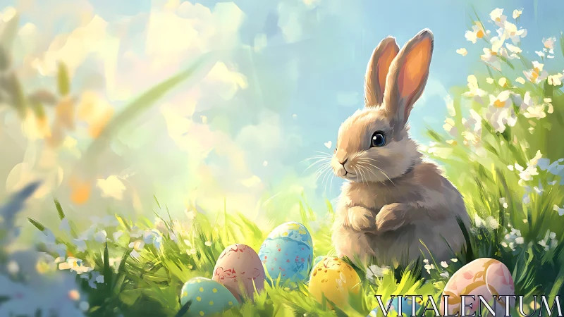Cute bunny in spring grass with painted Easter eggs.