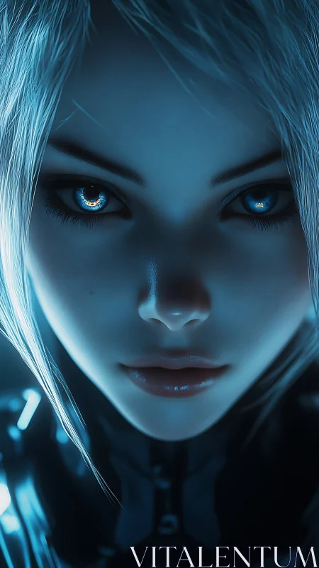 Cybernetic heroine with luminous blue eyes in shadow