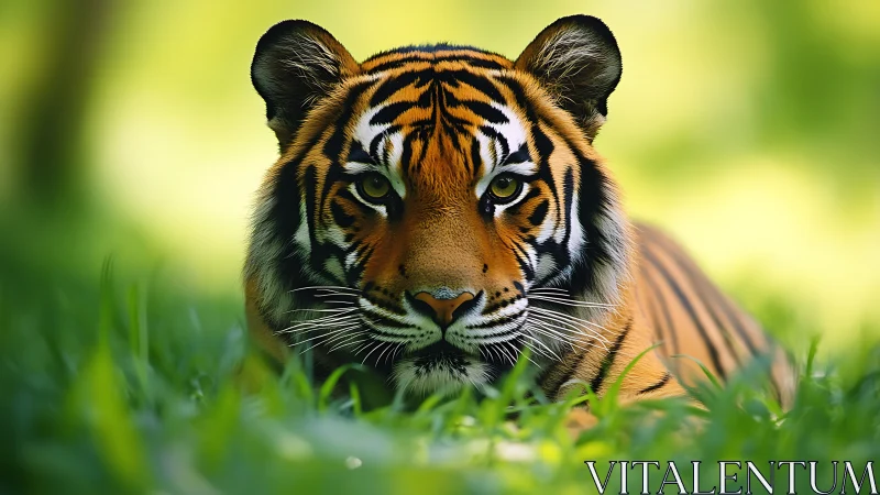 Front-facing Bengal tiger portrait in shallow depth-of-field focus.