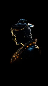 Divine warrior profile glows against deep black void
