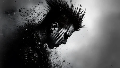 Ink-splattered punk portrait in stark monochrome profile.