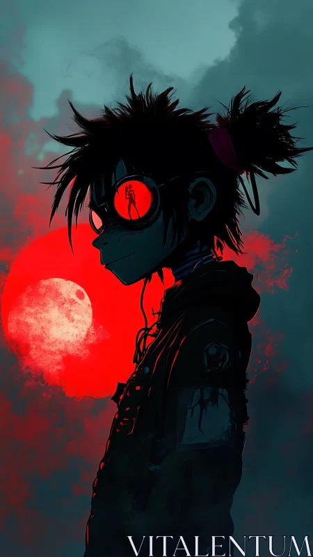 Cyberpunk punk silhouette under blood red moon glow.