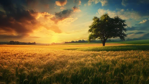 Golden wheat field glows under vivid sunset sky