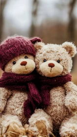 Cozy teddy bear friends share warm scarves on a chilly day