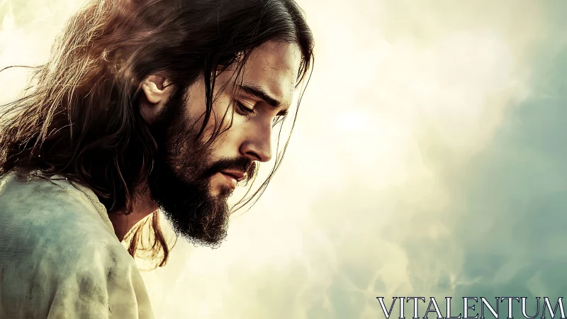 Contemplative bearded man in soft celestial light profile.