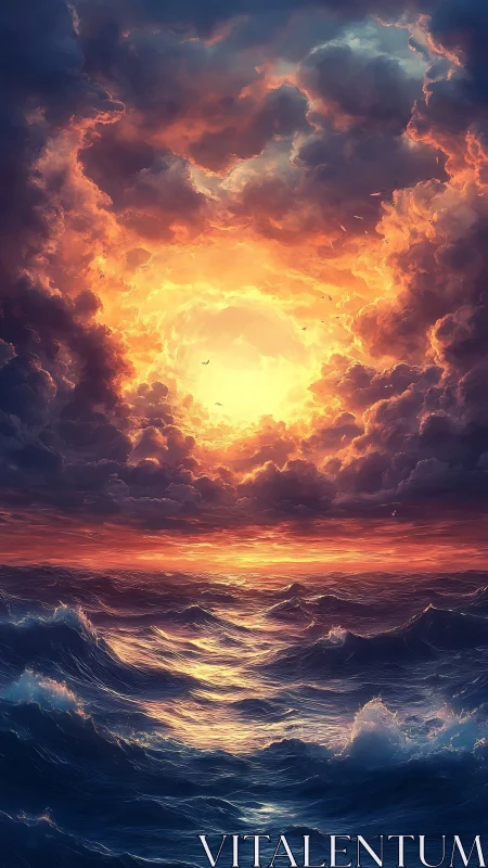 Stormy ocean horizon under intense fiery sunset sky.