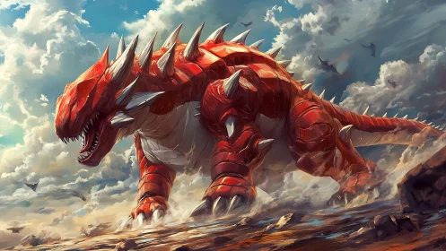 Red spiked dragon-like creature in cloudy open landscape.