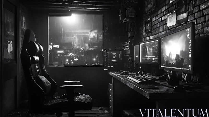 Rainlit cyberpunk battlestation overlooking neon cityscape.