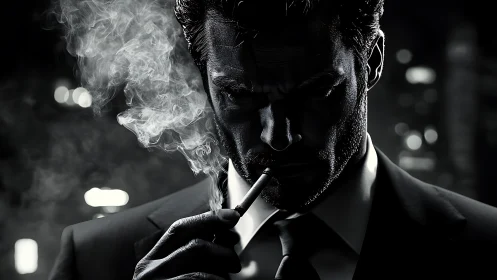 Suited man smoking in high contrast noir city scene.