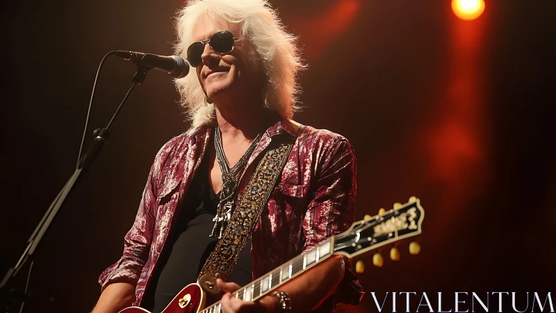 Silver-haired stage rebel croons under molten amber lights.