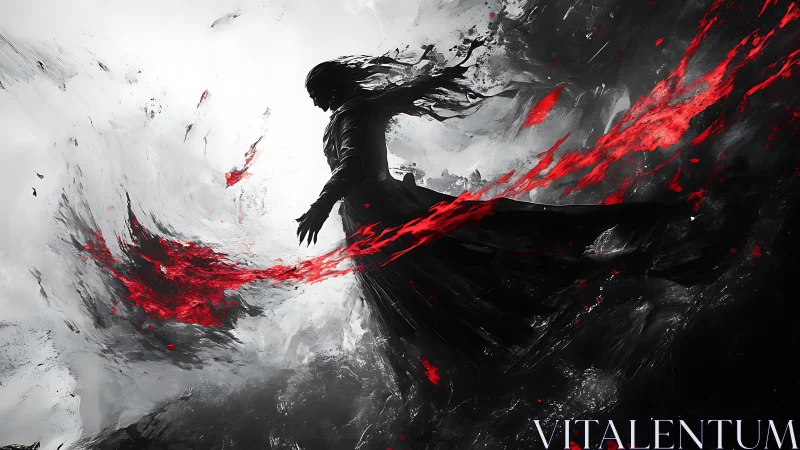 Crimson vortex engulfing silhouetted figure in motion.