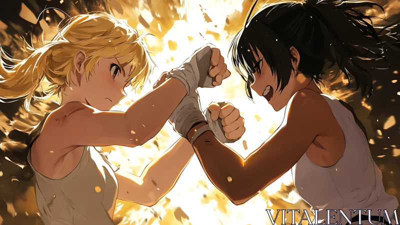 Fierce anime boxers clash amid explosive golden backlight.