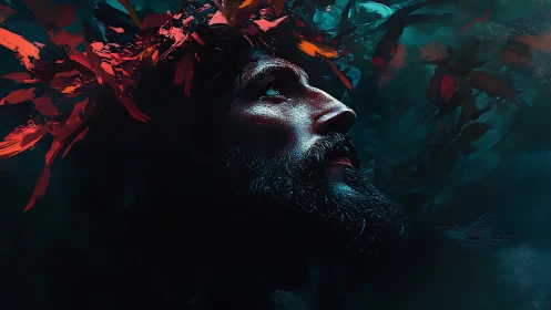 Side-lit male portrait with red foliage crown in teal haze