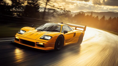 Yellow race car speeds along wet track at golden sunset.