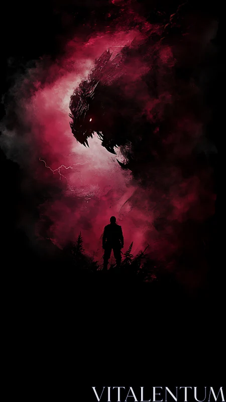 Silhouetted figure before colossal crimson dragon silhouette.