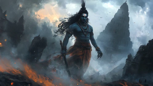 Stormlit blue warrior strides through burning ruined temple