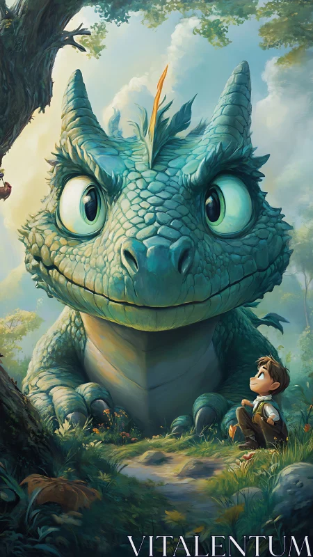 Curious forest dragon studies a brave boy with gentle wonder
