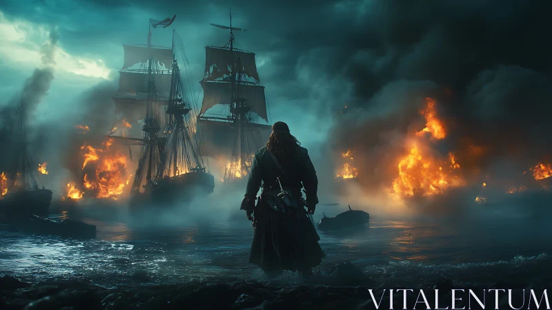 Lone pirate surveys burning warships under a storm-torn sky