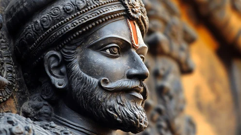 Granular close-up of carved stone warrior bust in relief profile.