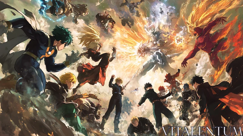 Blazing skyward clash of superpowered heroes and villains.