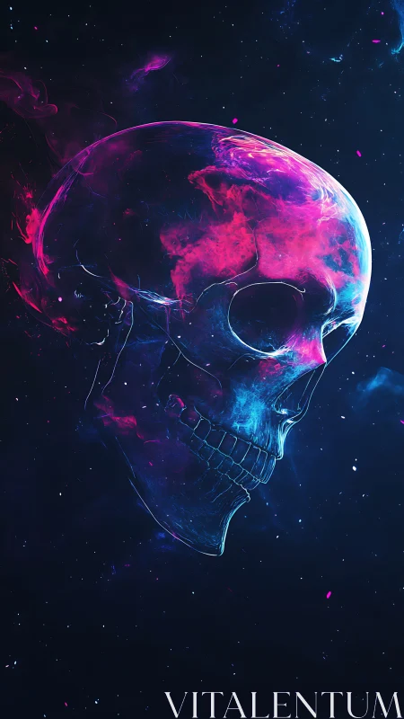 Translucent neon skull in deep space environment.
