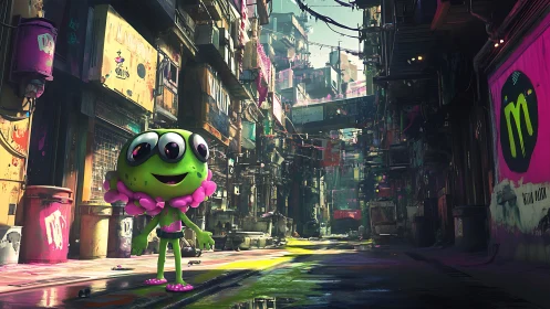 Four-eyed green mascot explores neon cyberpunk alleyway.