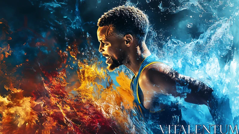 Dynamic basketball runner intersects volumetric fire and water fields