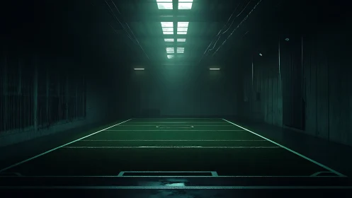 Quiet indoor football field waits under moody green lights
