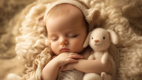Sleeping Newborn with Knit Lamb Companion in Warm Neutral Setting.