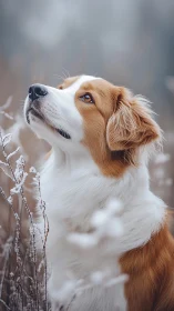 Dog with white-brown coat stands in frosty field looking upward