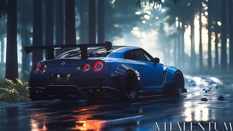 Sleek blue sports car idles on a misty forest road at dusk.