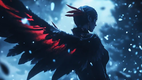 Backlit winged figure under cold bokeh, red-feather specular accents