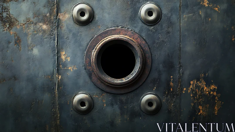 Rusty industrial metal plate with circular openings detail.