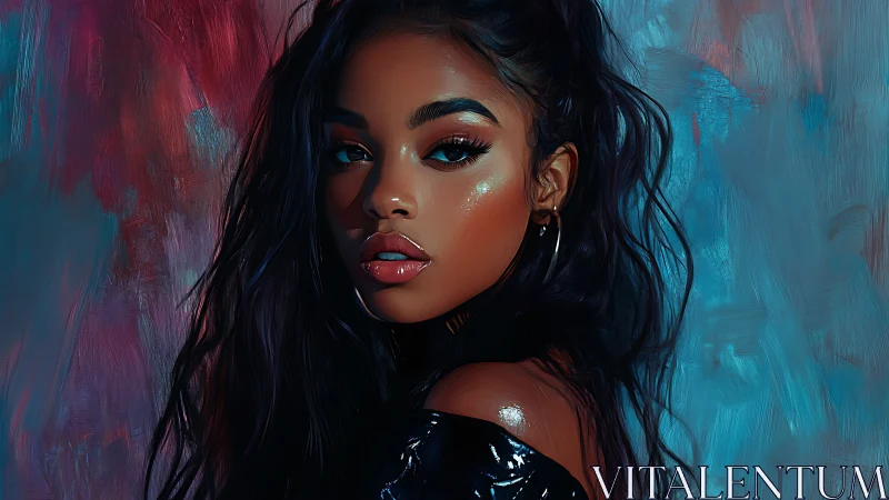 Midnight muse glows against electric teal and crimson haze.