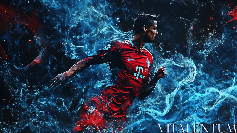 Electric soccer star racing through swirling blue energy.