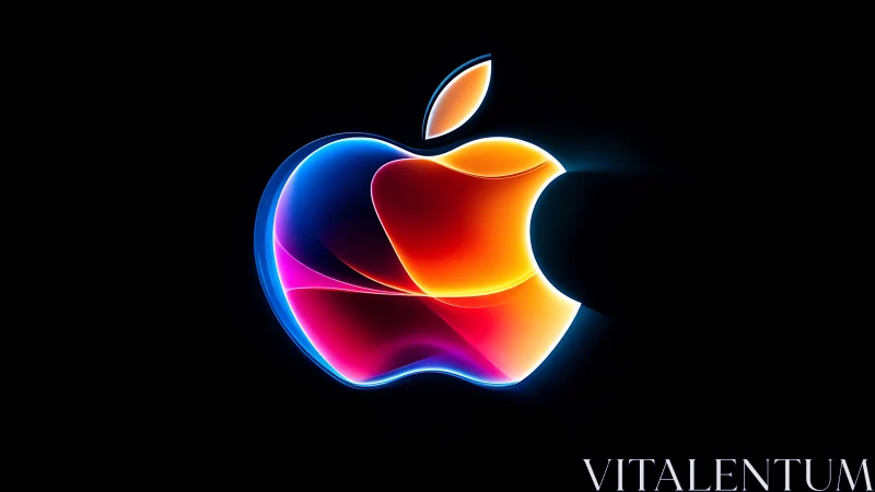 Neon apple logo glows with layered gradient light arcs.