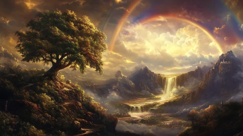 Sunlit fantasy valley unfolds beneath radiant double rainbows