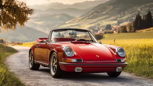 Classic red convertible sports car on quiet rural road.