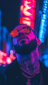 Neon-soaked swagger tilts upward into an electric midnight sky