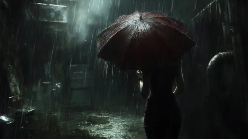 Solitary figure under red umbrella in neon-soaked alleyway.